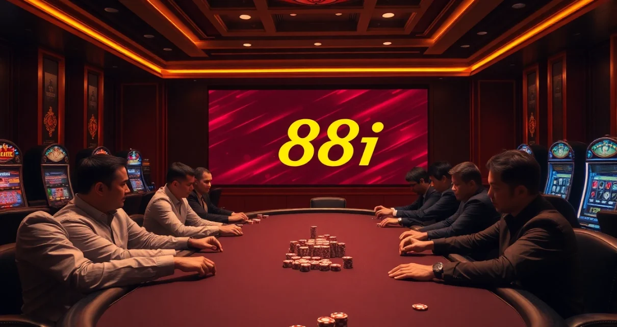 Engaging poker players at a luxurious casino featuring 88i branding for online gambling excitement.