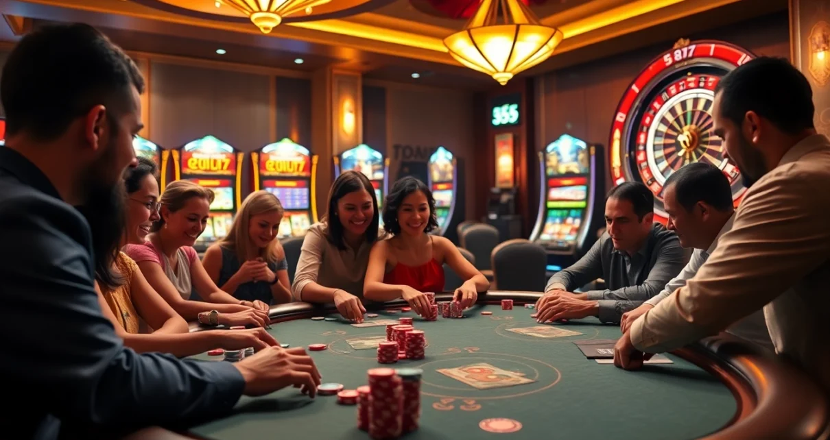 Experience the excitement of win55 at a luxurious casino poker table with players betting.