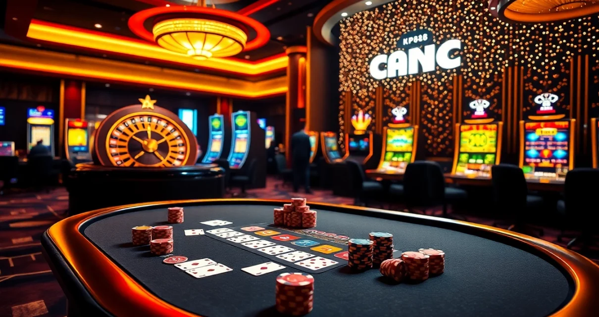 KP88 players enjoying high-stakes poker with vibrant chips and cards at a luxurious casino.