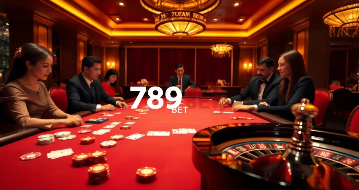 Engaging poker action at 789BET with players and dealers in a luxurious casino setting.