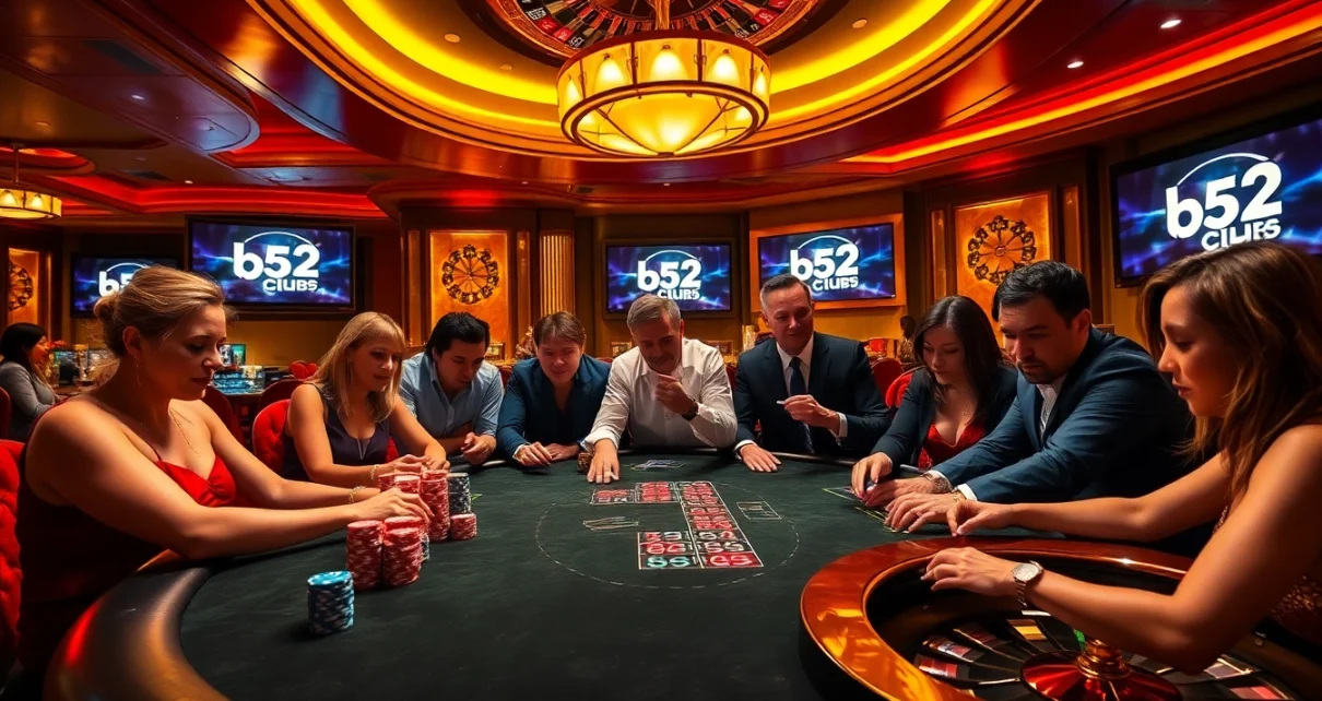 Experience thrilling gameplay at the b52club poker table with vibrant chips and a spinning roulette wheel.