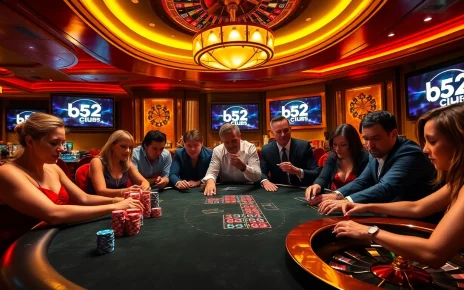 Experience thrilling gameplay at the b52club poker table with vibrant chips and a spinning roulette wheel.
