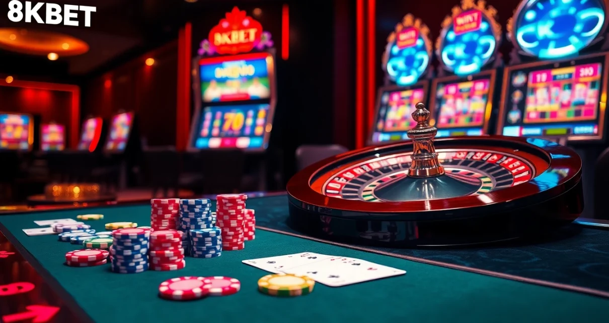 Experience the thrill of 8KBET at a luxury casino table with poker cards and chips.
