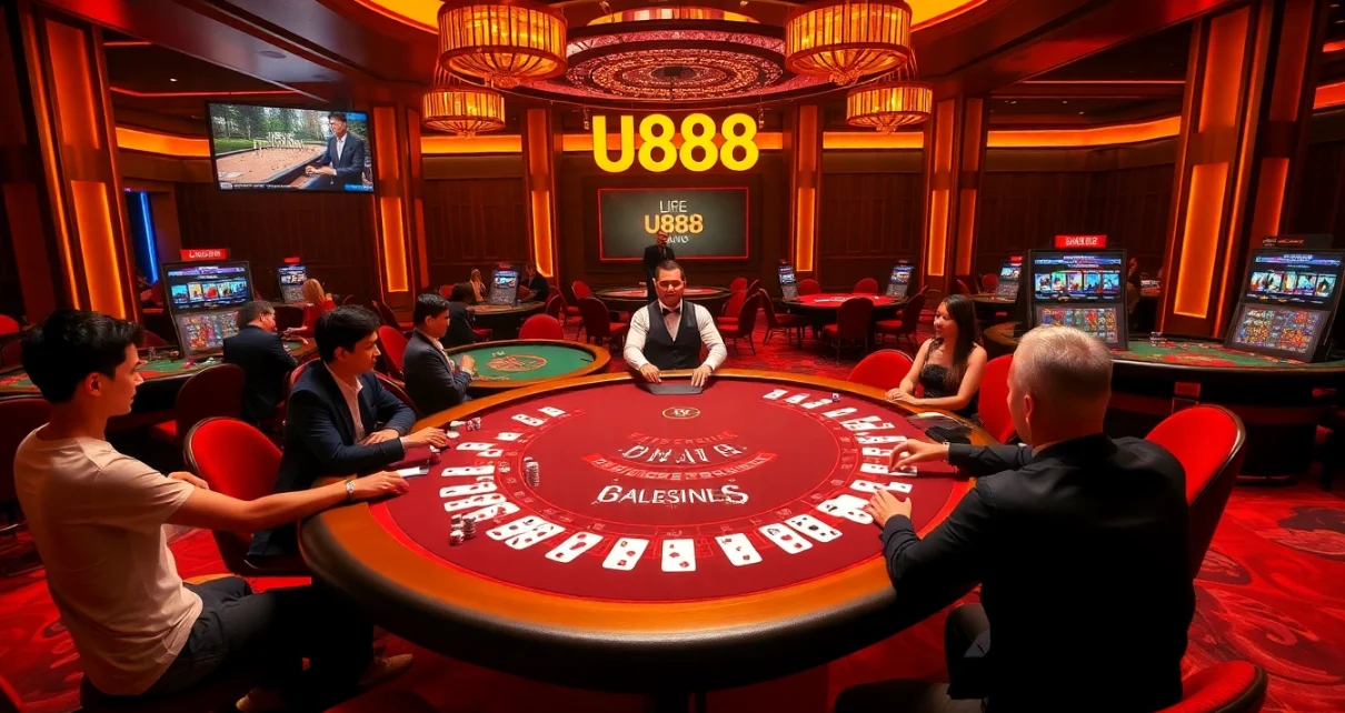 Exciting online gambling scene at U888 featuring luxury gaming tables and engaged players.
