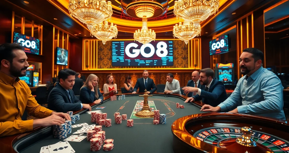 Engaging game at a luxurious poker table featuring the go8 brand, with colorful chips and strategic gameplay.