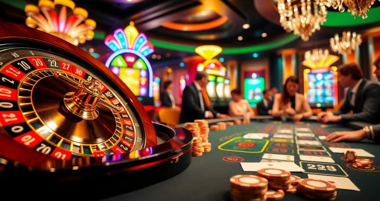 Players enjoying a thrilling game at the casino with https://pg88us.com/ roulette wheel and vibrant slot machines.