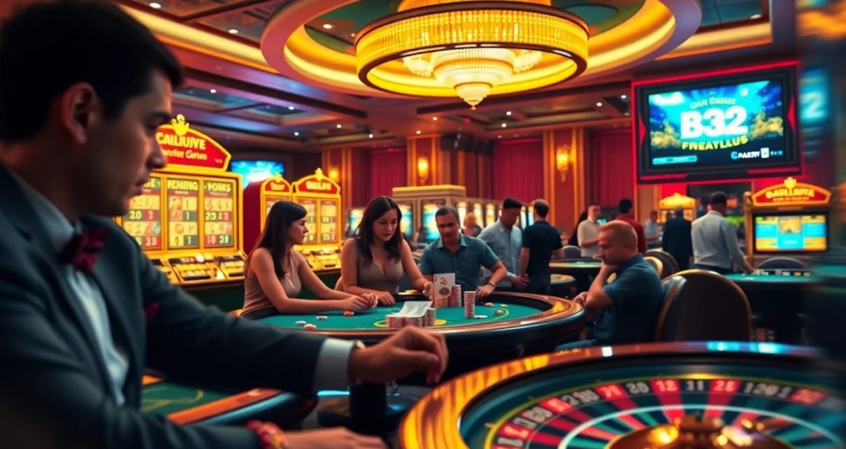 B52club gaming action with vibrant casino tables, poker chips, and thrilling online gambling atmosphere.
