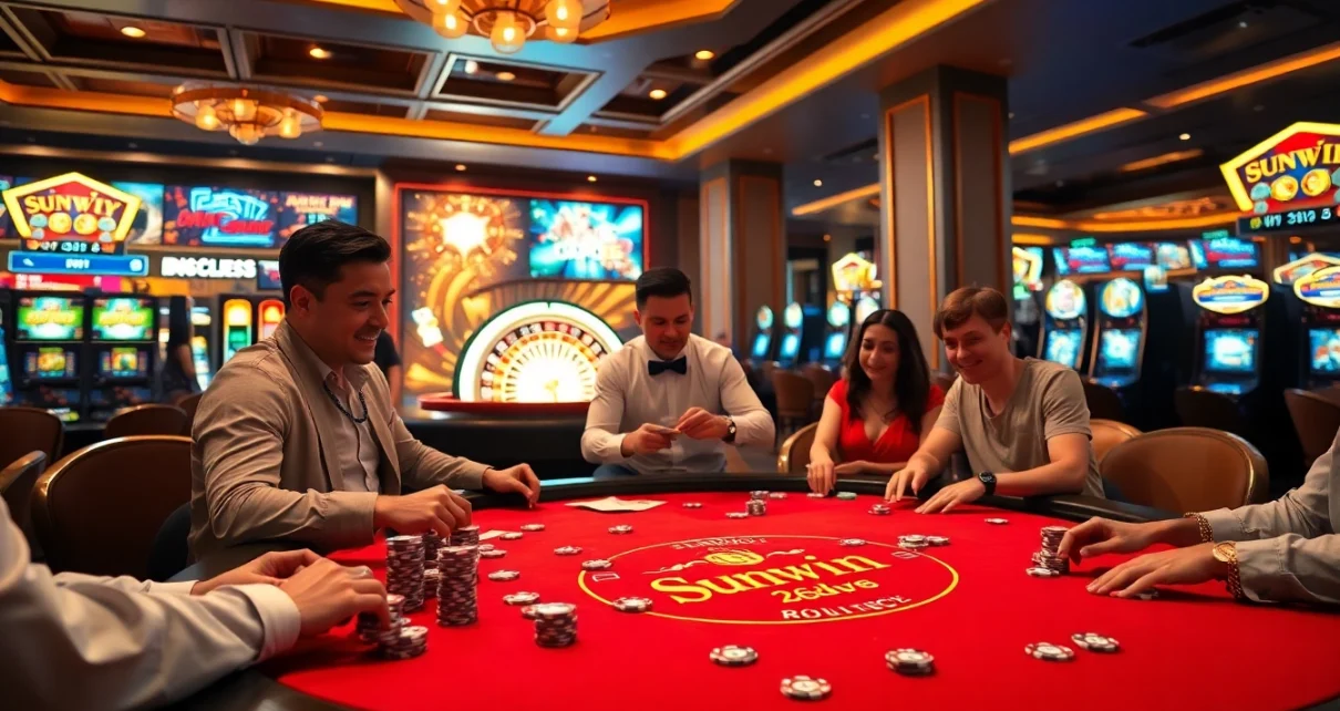 Sunwin players enjoying an exciting game on a luxurious casino table filled with chips and cards.