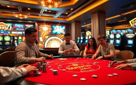 Sunwin players enjoying an exciting game on a luxurious casino table filled with chips and cards.