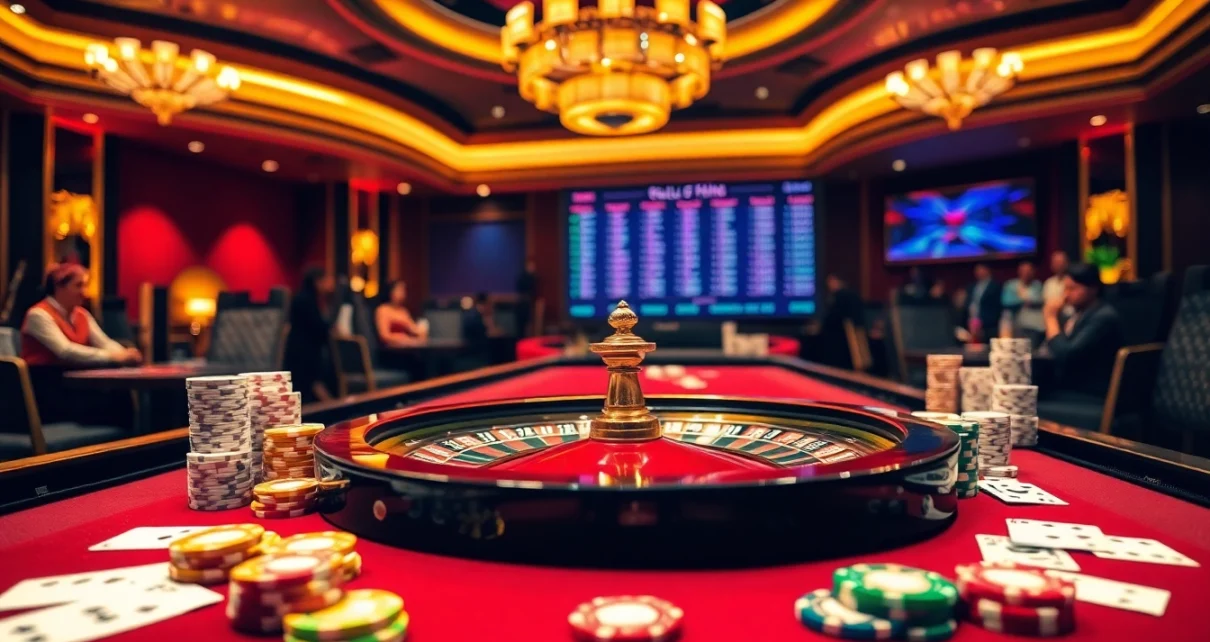 Keluaran china displayed on a digital board in an elegant casino, with roulette and poker elements.