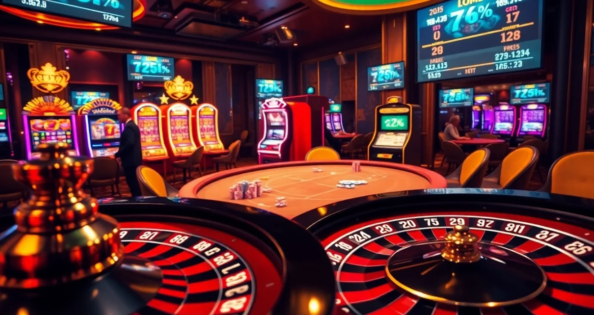 Engaging gambling scene featuring the hidden wiki elements with a lively poker table and slot machines.