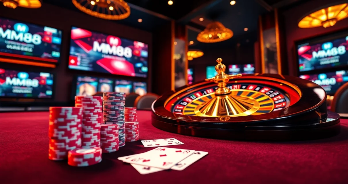 MM88 players enjoying a luxurious poker game at an online casino table with vibrant chips and cards.