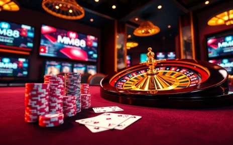 MM88 players enjoying a luxurious poker game at an online casino table with vibrant chips and cards.