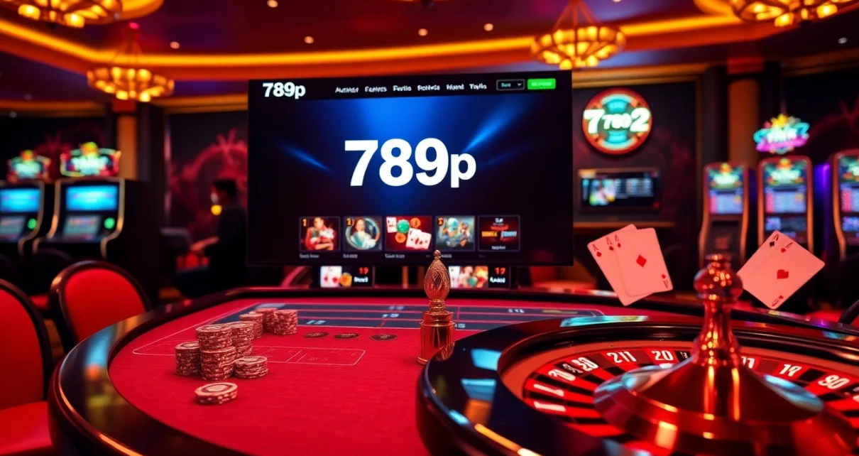 An exciting view of an online casino experience featuring 789p's elegant table games, showcasing poker chips and vibrant slot machines.