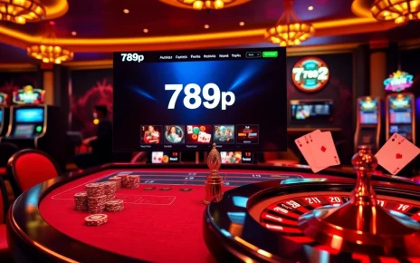 An exciting view of an online casino experience featuring 789p's elegant table games, showcasing poker chips and vibrant slot machines.