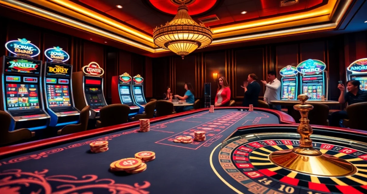 Exciting casino atmosphere showcasing S8 poker game action with professional dealer and vibrant slot machines.