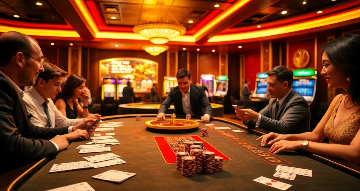 Experience the excitement of vn88 with vibrant casino games, poker chips, and engaged players.