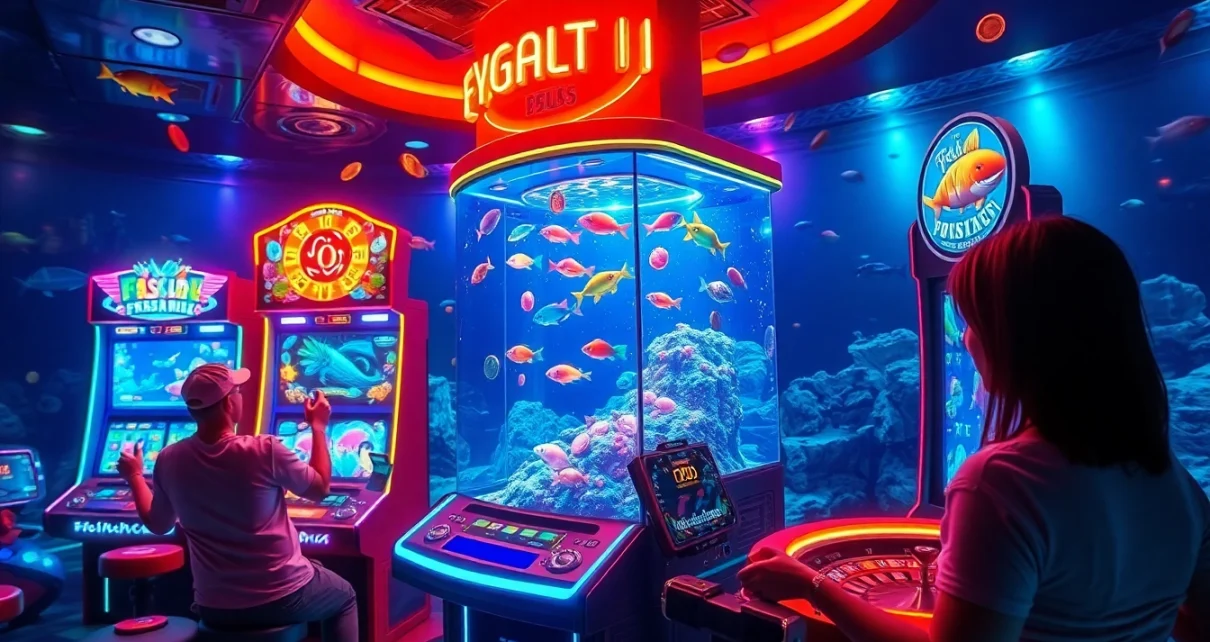 Bắn cá đổi thưởng gameplay featuring vibrant fish machines and players enjoying the excitement of this thrilling gambling experience.