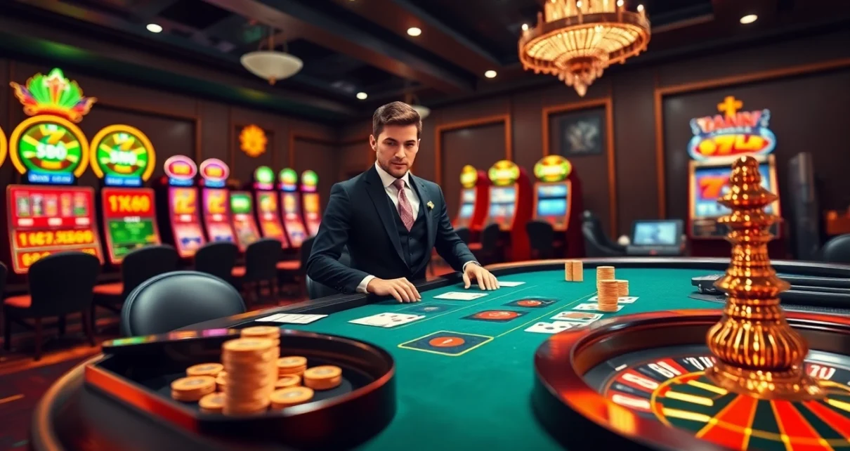 Engage in thrilling casino games like poker at NK88, showcasing an elegant dealer and vibrant slot machines.