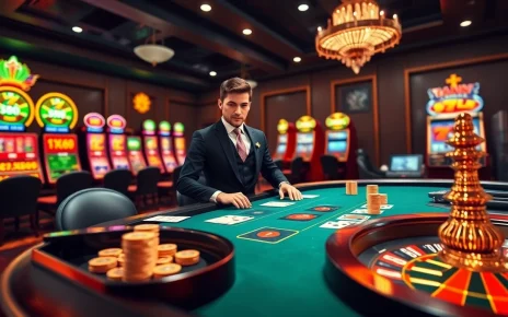 Engage in thrilling casino games like poker at NK88, showcasing an elegant dealer and vibrant slot machines.