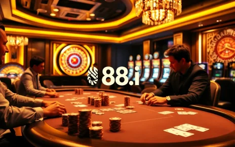 Players enjoying poker at a luxurious casino with 88i branded elements, capturing excitement and elegance.
