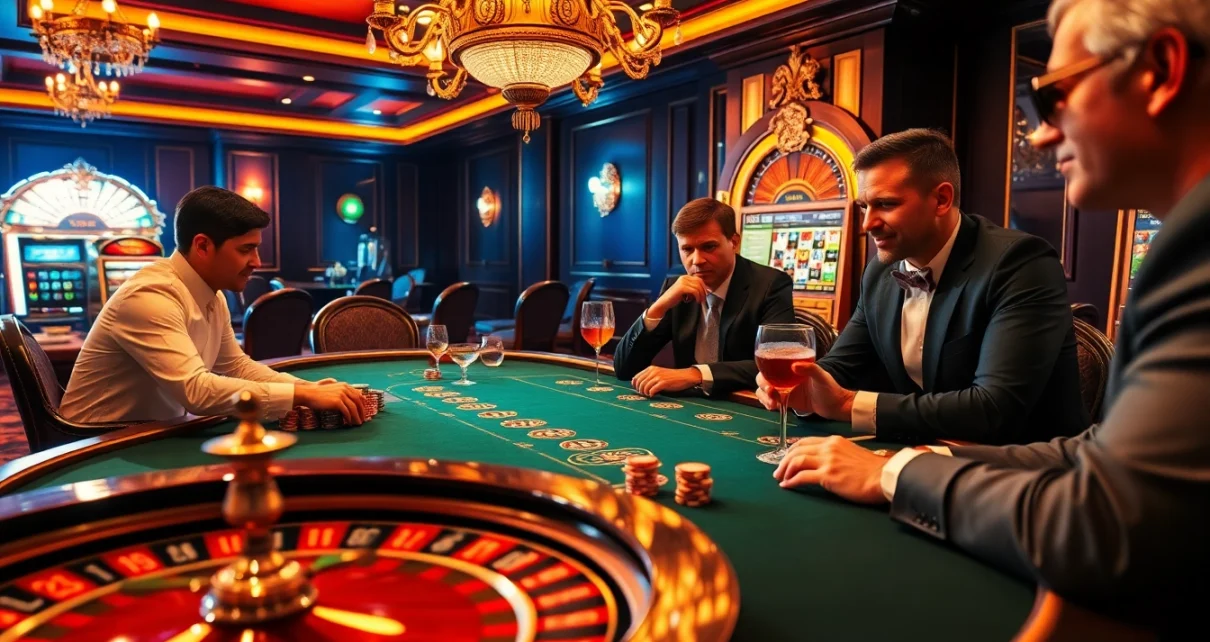 LC88 casino scene with vibrant poker game, roulette wheel, and elegant decor.