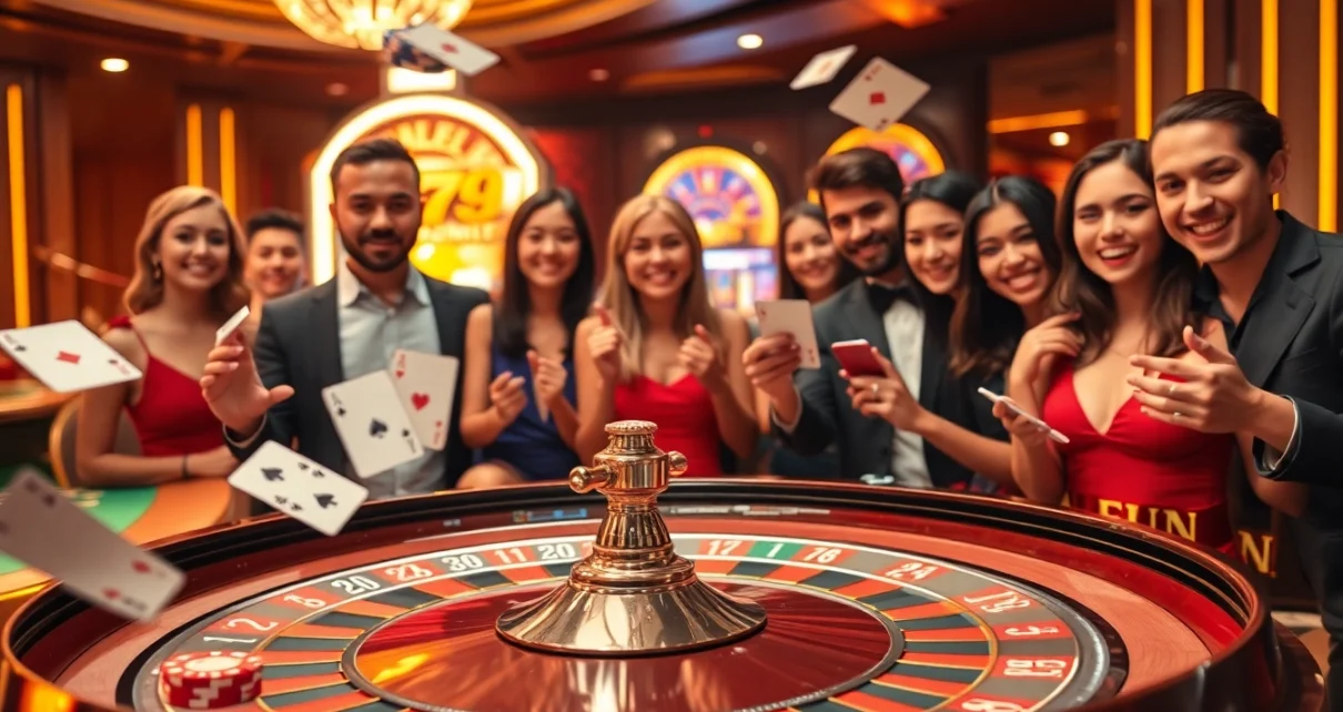 Gambling excitement at FUN79 casino with roulette table and poker chips displayed