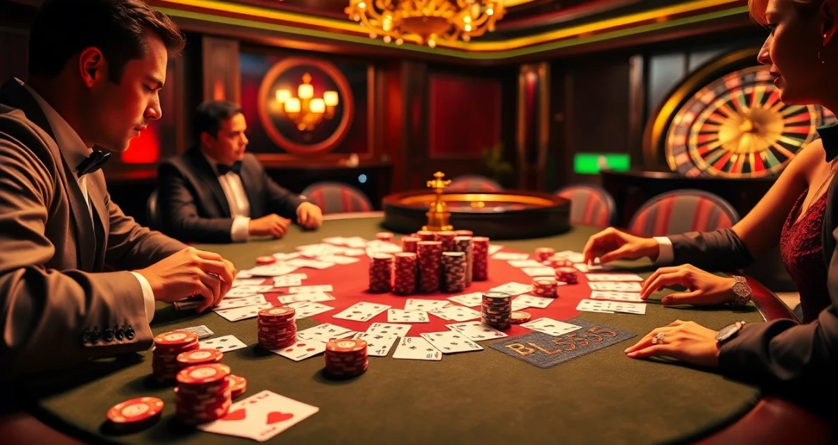 Experience the thrill of high-stakes poker at BL555’s luxurious casino table with vibrant chips and cards.