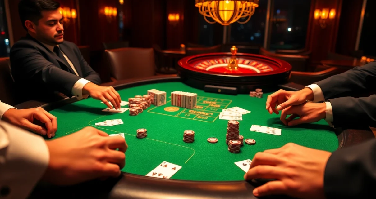 Experience the thrill of gambling at https://kk55.fit/ with an exciting casino scene showcasing players at a vibrant gaming table.