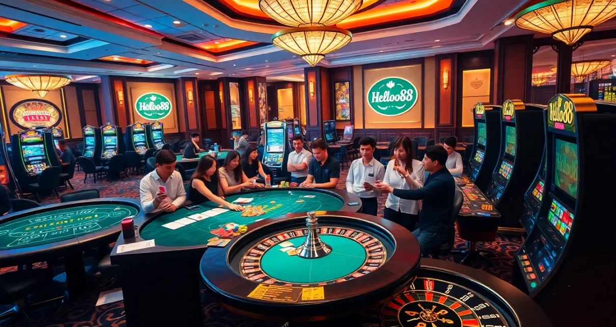 Players enjoying thrilling games at Helloo88 casino, featuring roulette wheels and slot machines.