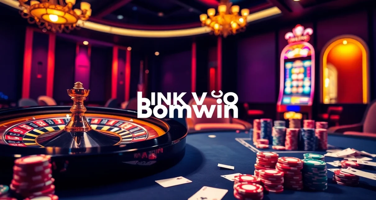 Exciting casino gaming experience showcasing LINK VÀO Bomwin with vibrant poker chips and slot machines.