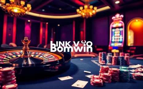 Exciting casino gaming experience showcasing LINK VÀO Bomwin with vibrant poker chips and slot machines.