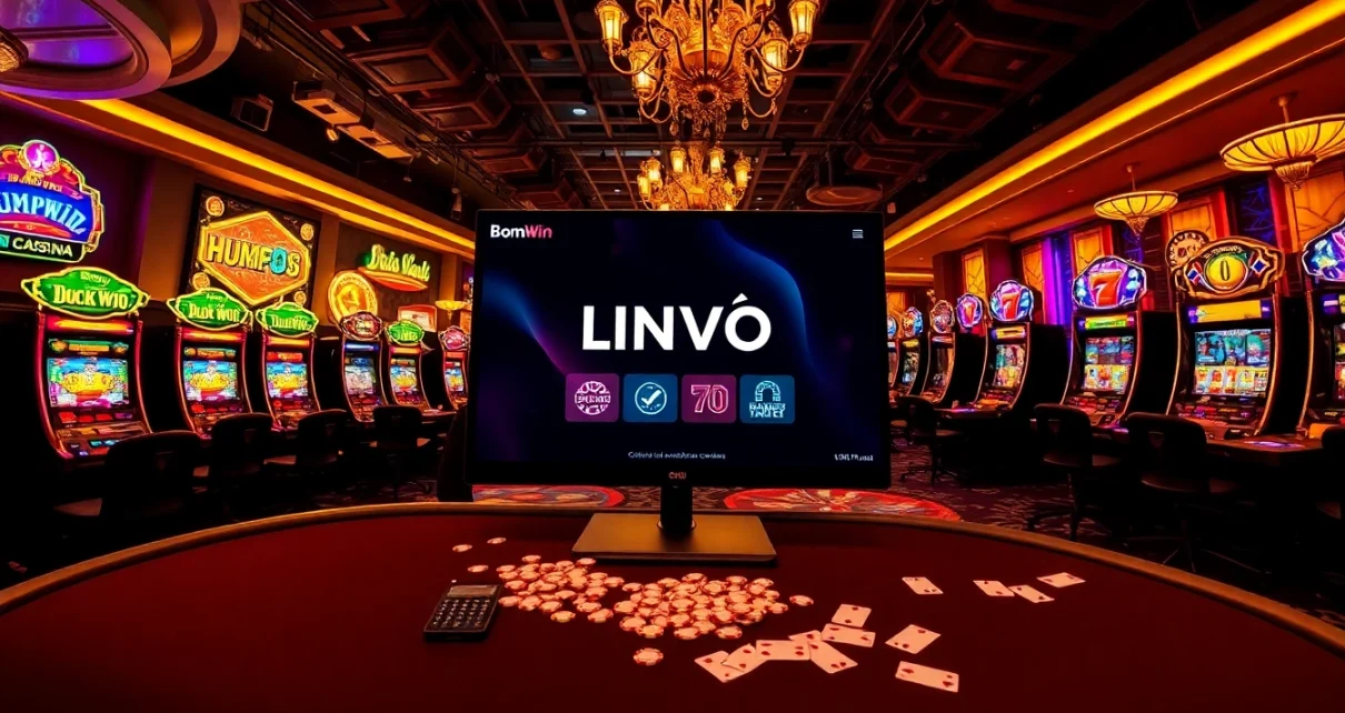 Experience LINK VÀO Bomwin with an engaging online gambling atmosphere featuring vibrant tables and bright slots.