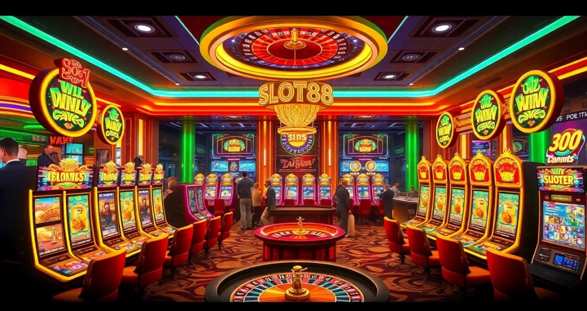 Engaging scene of players winning at slot88 machines in a luxurious casino.