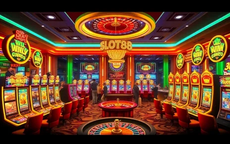 Engaging scene of players winning at slot88 machines in a luxurious casino.
