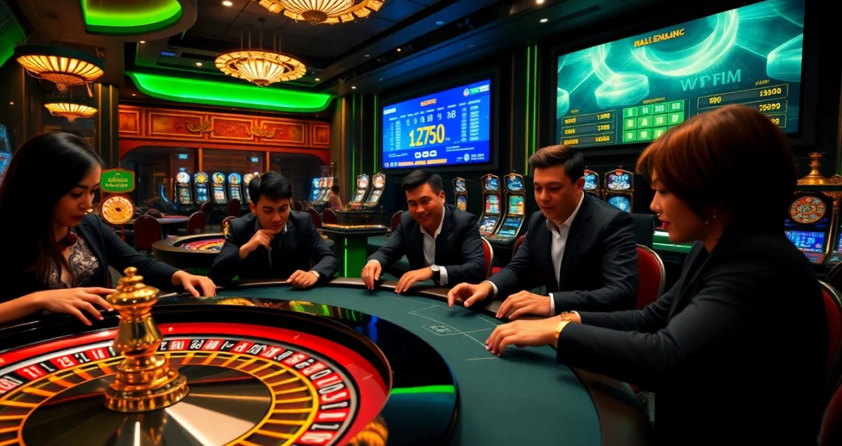 Experience the thrill of viral88 with players at a luxurious casino table, showcasing excitement and strategy.