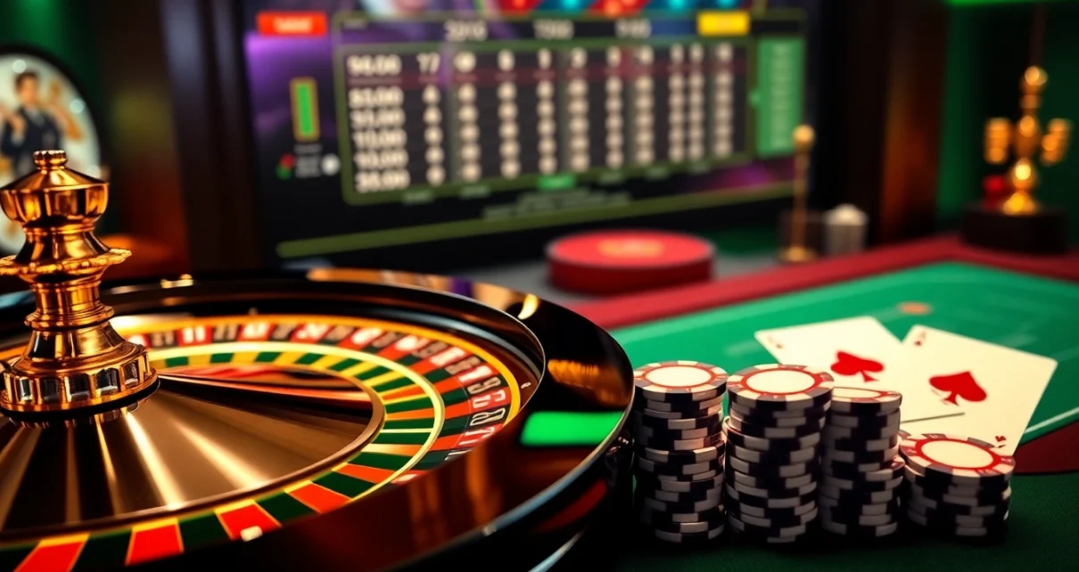 Experience top-tier gaming action at 789F rico with vibrant casino elements like a roulette wheel and poker chips.