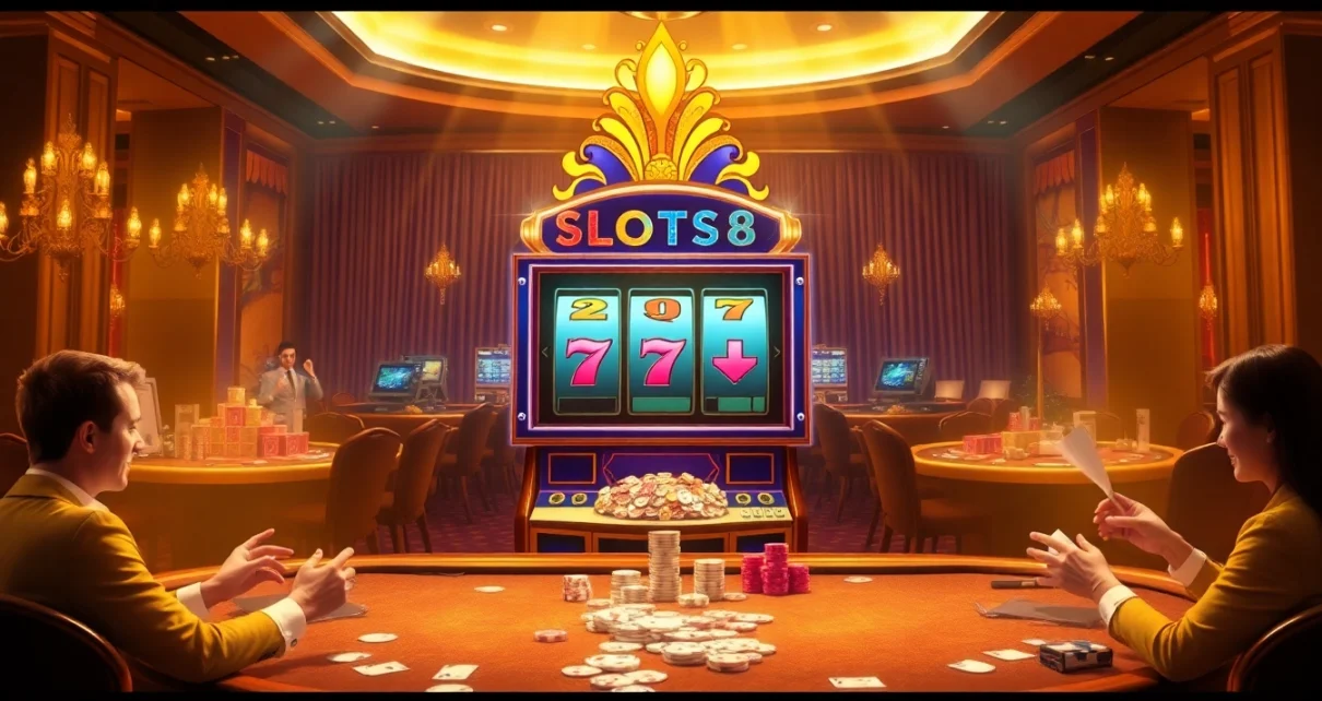 SLOTS8 slot machine surrounded by excited players in a luxurious casino setting.