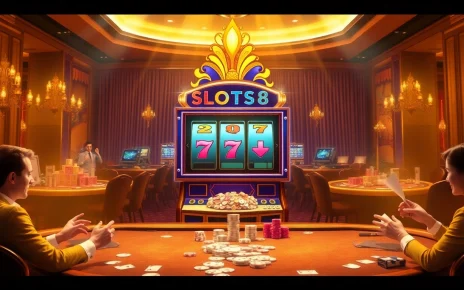 SLOTS8 slot machine surrounded by excited players in a luxurious casino setting.