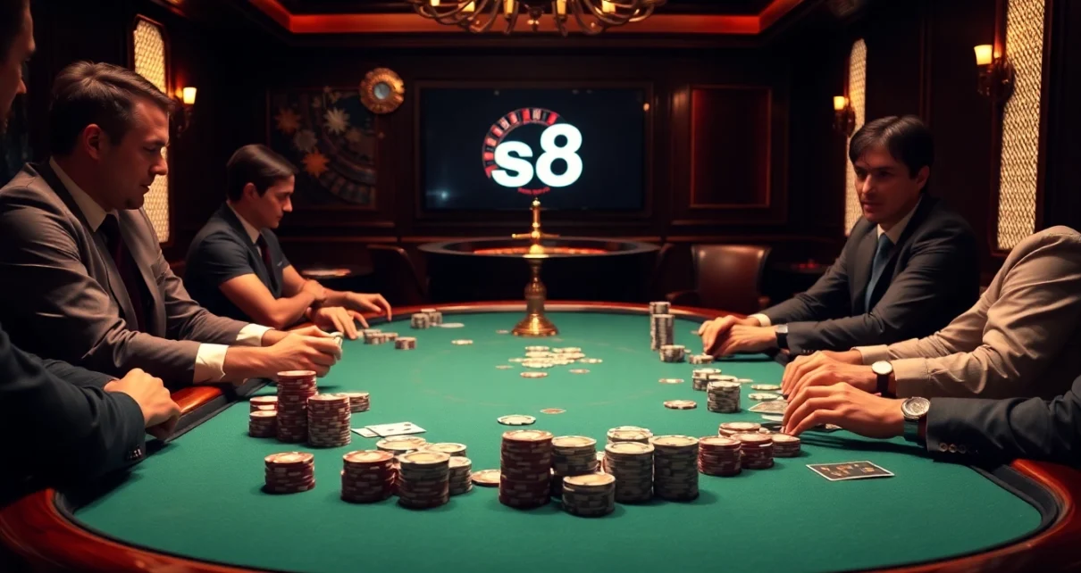 Players at the poker table engaged in a high-stakes game featuring the keyword s8 on digital display.
