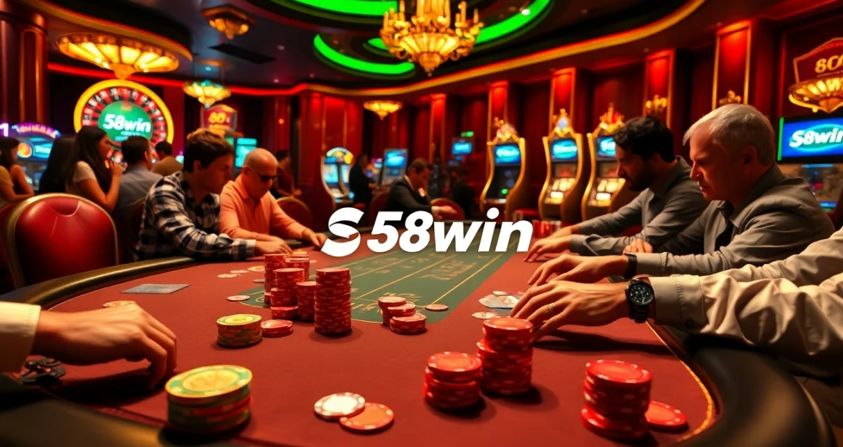 Players strategizing at a luxurious poker table in a vibrant casino scene featuring 58win themed elements.