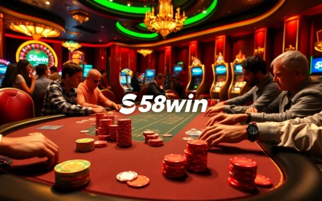 Players strategizing at a luxurious poker table in a vibrant casino scene featuring 58win themed elements.