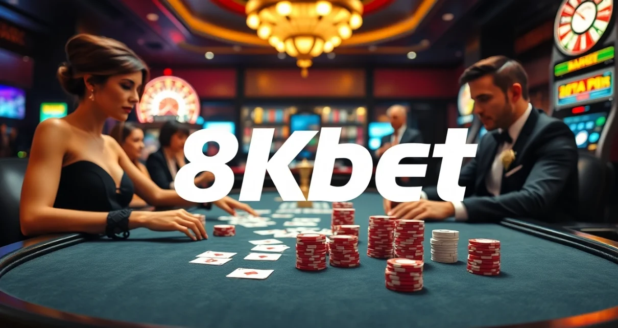 Exciting poker game at a luxury casino featuring the 8kbet brand with chips and cards.