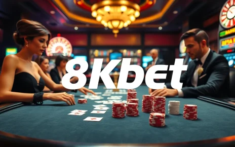 Exciting poker game at a luxury casino featuring the 8kbet brand with chips and cards.