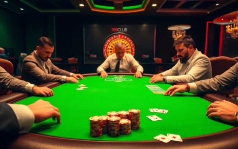 Players enjoying poker at 789CLUB with vibrant chips and cards in a luxurious casino setting.