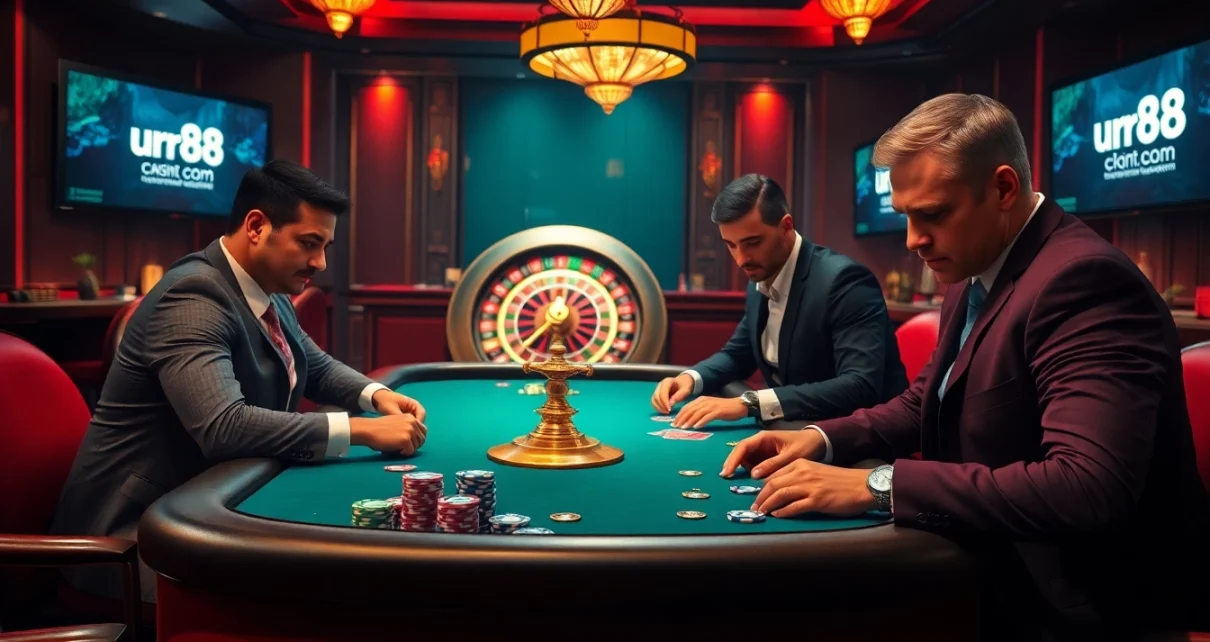 Exciting high-stakes poker game featuring players and the urr88.com logo in a luxurious casino setting.