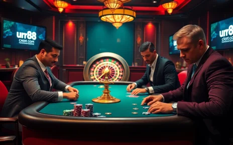 Exciting high-stakes poker game featuring players and the urr88.com logo in a luxurious casino setting.