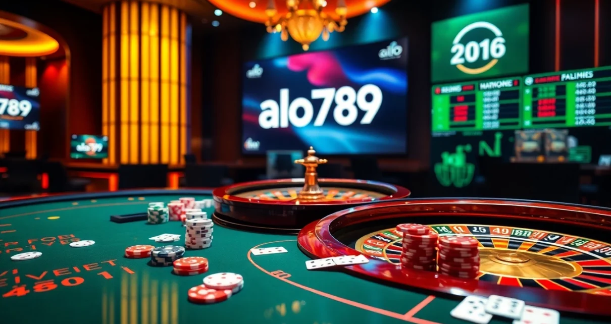Alo789 casino scene showcasing poker chips and cards in an elegant gaming environment.