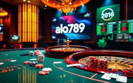Alo789 casino scene showcasing poker chips and cards in an elegant gaming environment.
