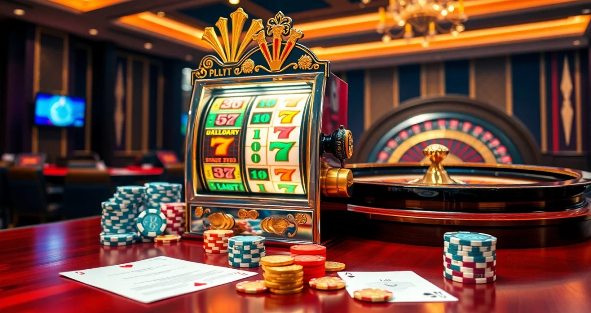 Gambling setup featuring luxury12 slot machine, poker chips, and roulette wheel in an elegant casino.